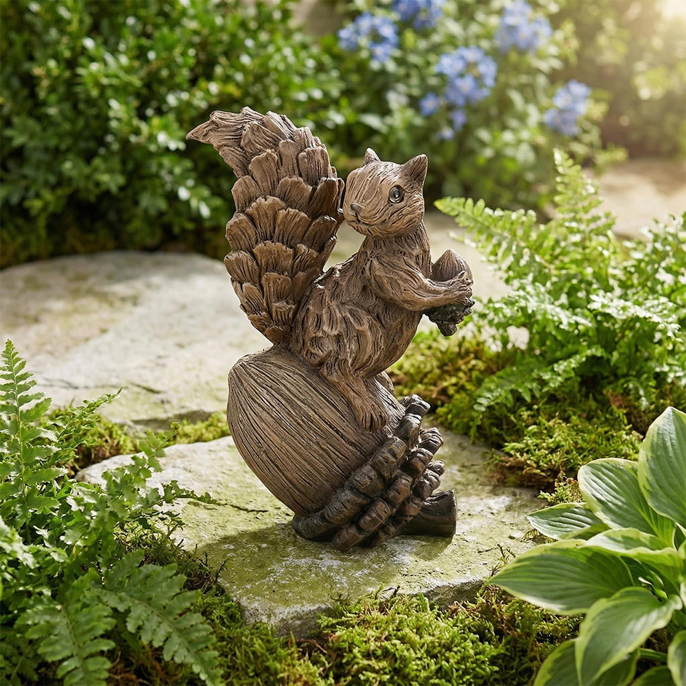 Resin Squirrel Figurine on Pinecone 8 Inch Woodland Animal Decorative Statue for Outdoor and Seasonal Use